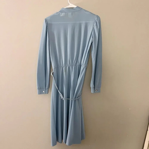 Vtg 70s Jennifer Gee Womens Blue A Line Dress 10 Lace Pleated Long Sleeve Belt - Picture 3 of 9
